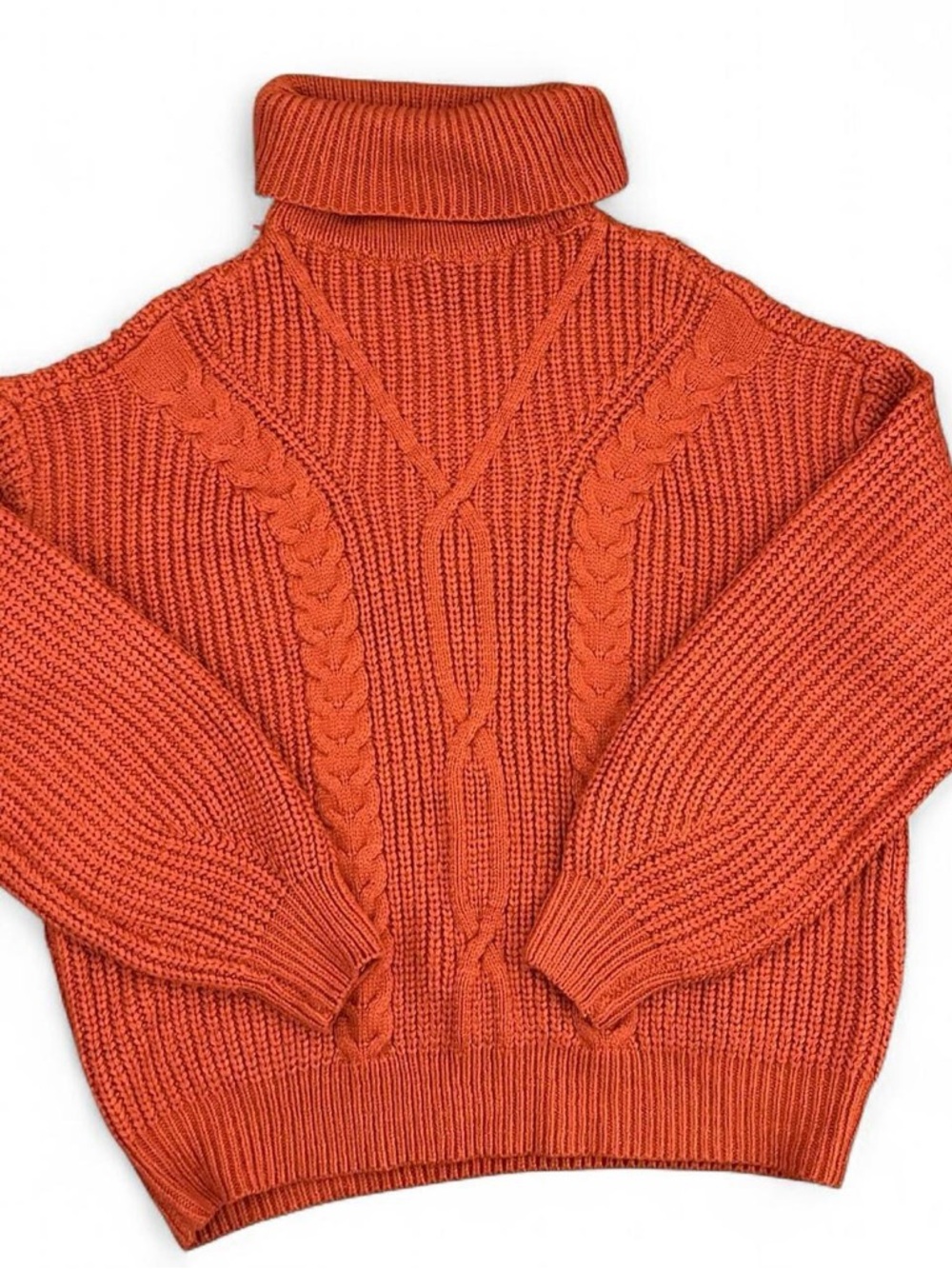 Women Cable-Knit Turtleneck Sweater - Orange. Size M